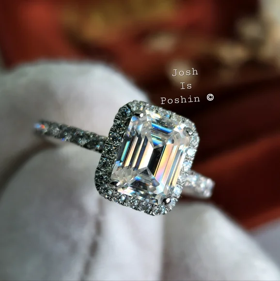 2.45Ctw Moissanite emerald shape engagement ring in rhodium over sterling silver